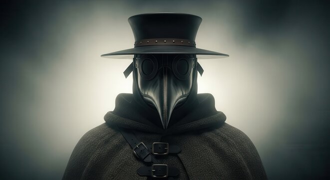 Cinematic Portrait of a Plague Doctor in Traditional Mask and Hat Standing in a Foggy Mysterious Atmosphere