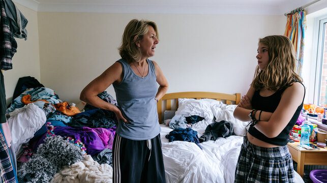 Mother and teenage daughter in a cluttered bedroom share a misunderstanding with frustration and defensiveness, one folding arms defensively in a home argument