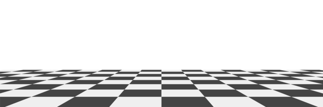 Chess board floor with checker perspective effect, monochrome check pattern, and geometric background composition. Vector