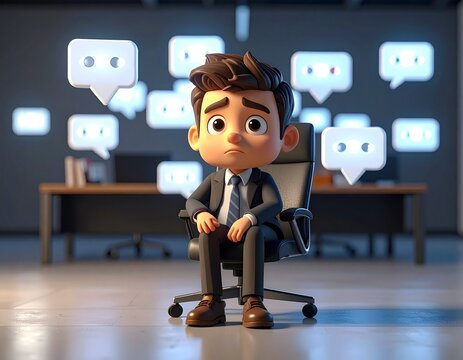 Stressed Businessman Overwhelmed by Notifications: A cartoon businessman sits dejectedly in an office chair, surrounded by a chaotic swarm of chat bubbles.