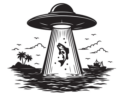 Alien UFO Silhouette Vector, Flying Saucer Abducting