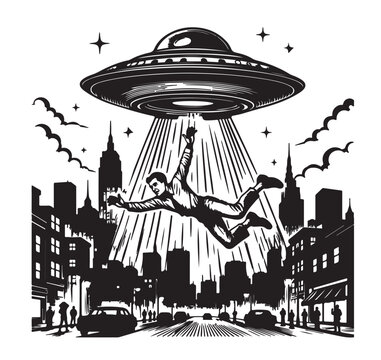 Alien UFO Silhouette Vector, Flying Saucer Abducting