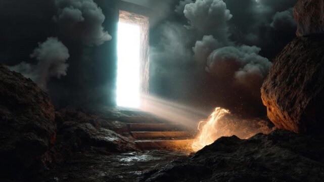 A mystical doorway bathed in heavenly light opens into a dark, rocky cave. ..Created with Generative AI, not depicting real subjects.