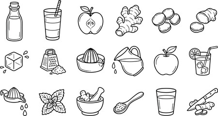 Fresh Ginger and Apple Juice Making Line Icon Set Featuring Squeezer Grater Pitcher Mortar Pestle Slices Mint Leaves and Healthy Drinks © FZ
