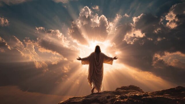 Jesus Christ with open arms in front of dramatic sun rays breaking through clouds, representing divine power and spiritual illumination. ..Created with Generative AI, not depicting real subjects.