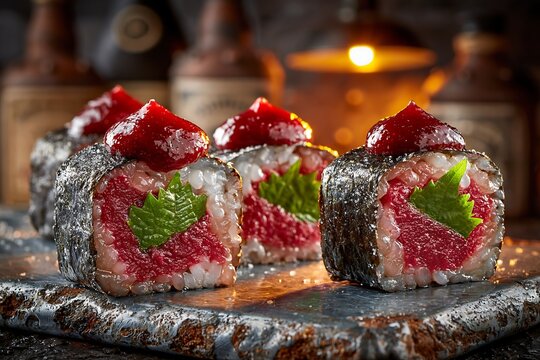 Salted plum umeboshi sushi rolls with fresh shiso leaf on stone
