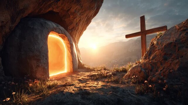 The empty tomb glows with divine light, a symbol of resurrection and hope, while a rustic wooden cross stands sentinel on the rocky outcrop. ..Created with Generative AI, not depicting real subjects.