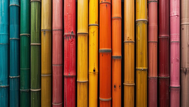 Colorful arrangement of bamboo stalks in vibrant hues, creating a striking visual pattern and texture
