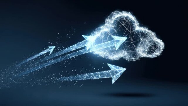 Digital cloud network with glowing arrows signifying data transfer and connectivity in a futuristic abstract illustration. ..Created with Generative AI, not depicting real subjects.