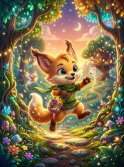 Fototapeta premium Magical forest scene with a happy fox cub jumping on a stone path