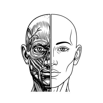 Detailed hand drawn human face split anatomy with muscles and skin vector illustration. Medical textbook science sketch style biology skull structure isolated on white background.