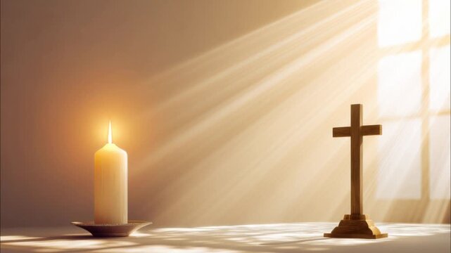 A solemn scene unfolds with a lit candle casting a warm glow and sunbeams streaming through a window, illuminating a wooden cross. ..Created with Generative AI, not depicting real subjects.