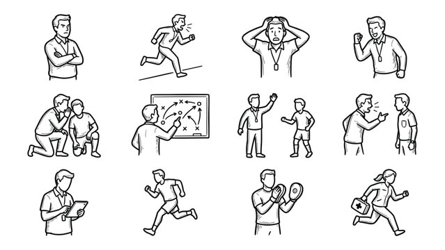 Football Soccer Coach and Staff Sideline Characters Tiny Thumbnail Sketch Icon Set Vector Illustration for Sports Management Design
