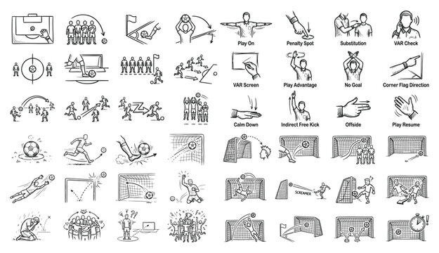Soccer Football Match Play Actions and Referee Signals Tiny Thumbnail Sketch Icon Set Vector Illustration for Sports Rules and Game Design