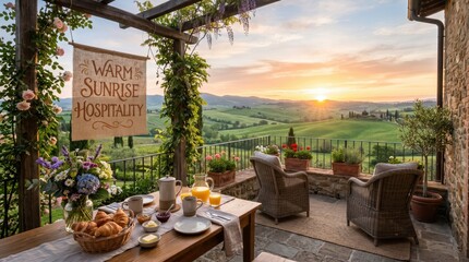 Fototapeta premium Outdoor breakfast table set for sunrise on hillside terrace