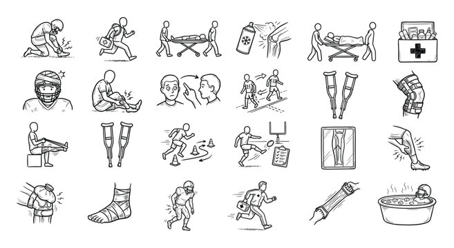 Sports Injury and Medical Emergency Tiny Thumbnail Sketch Icon Set for Football Athletic Health Treatment and Recovery Design