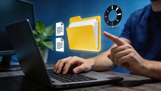 Person working on laptop with holographic yellow folder file documents and loading circle animation representing cloud storage data transfer upload download backup synchronization