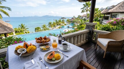 Fototapeta premium Breakfast spread served on balcony overlooking tropical bay