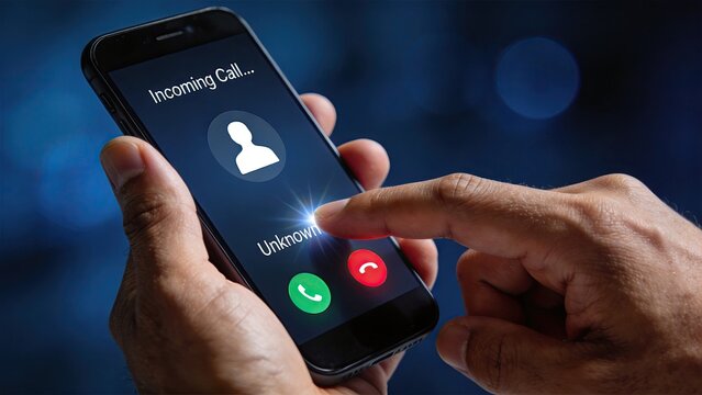 Incoming call from unknown number on smartphone screen, finger answering phone, telemarketing, spam call, communication technology, mobile device, contact list, telephony service,