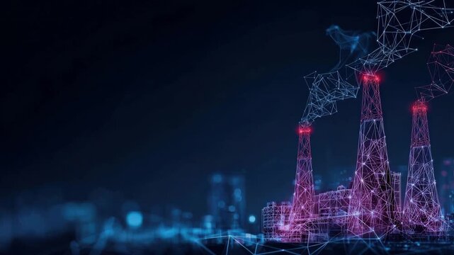 Futuristic industrial cityscape with glowing digital network overlaying factory smokestacks and modern skyscrapers. ..Created with Generative AI, not depicting real subjects.