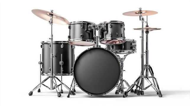 Professional black drum kit with cymbals and stands on a white background