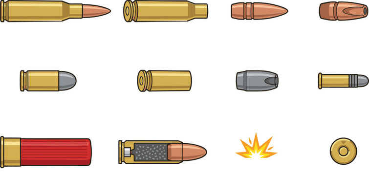 Ammunition and Bullet Cartridge Collection Vector Illustration Featuring Rifle Rounds Handgun Bullets Shotgun Shells and Ballistic Components