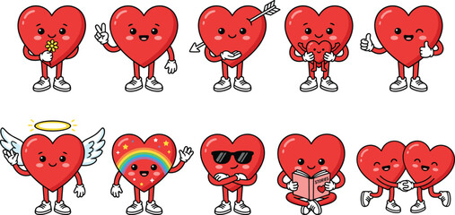 Fototapeta premium Cute Red Heart Cartoon Character Mascot Set with Various Poses for Valentines Day Romantic Graphic Design Assets
