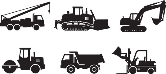 Construction machinery silhouettes set, heavy equipment vector collection with excavator, bulldozer, crane truck, forklift, roller and dump truck isolated on white background  Keywords: © ST