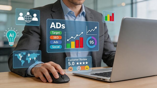 Businessman analyzing ads, SEO, social media metrics with AI insights and customer reviews on laptop, displaying global targeting, world map locations, bar charts, growth trends,