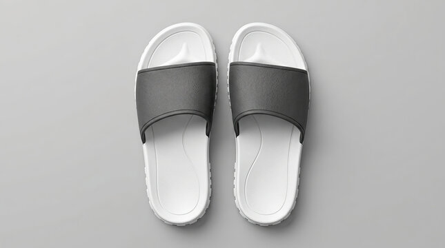 A pair of black and white slides lies on a gray surface