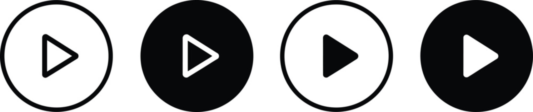 Four black and white play button in circles play media player