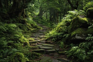 Obraz premium Serene forest walkway lined with moss and ferns