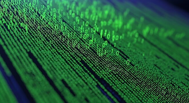 Green digital code streams across dark tech screen