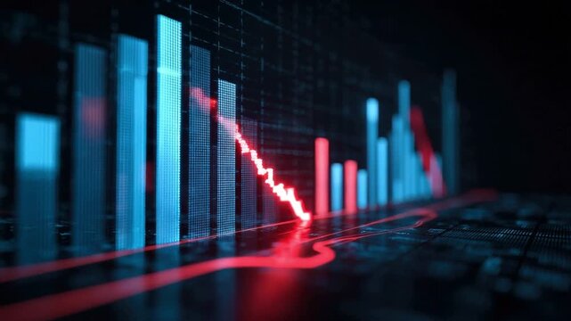 A dramatic downward trend is visualized by a red line graph plunging amidst rising and falling blue bar charts. ..Created with Generative AI, not depicting real subjects.