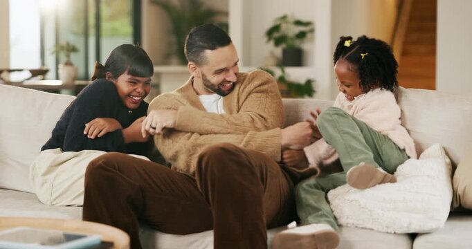 Dad, children and tickle with laugh on sofa for play, bonding or love with connection in living room. People, father and kids with games, silly and fun on couch, joke or relax at happy family house