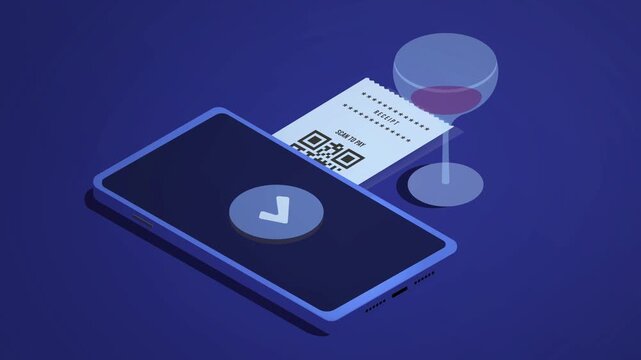 Isometric animation showing contactless payment at a restaurant by scanning a qr code with a smartphone after dinner, displaying modern transaction technology and convenience