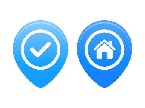 Blue map pins with check mark and house icons isolated on transparent background