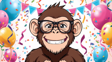 Funny monkey in glasses at a birthday background illusration © Pemuda