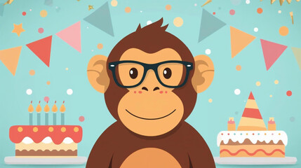 Funny monkey in glasses at a birthday background illusration © Pemuda