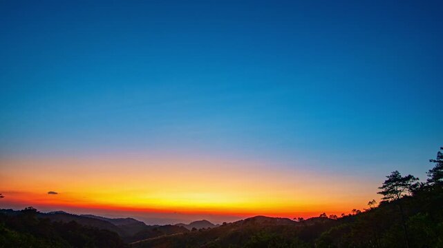 Time lapse Sun Setting Behind Mountains. Stunning twilight landscape showcasing vivid orange and blue tones above mountainous terrain and lush greenery. creating a tranquil outdoor atmosphere.