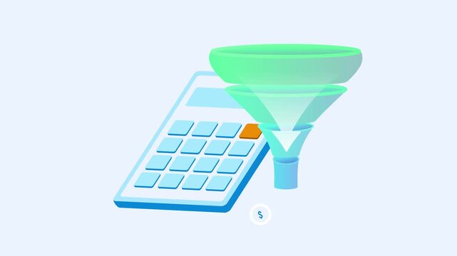 Animated sales funnel visualizing financial processing and currency conversion with a calculator generating money and profit, representing business income and marketing roi