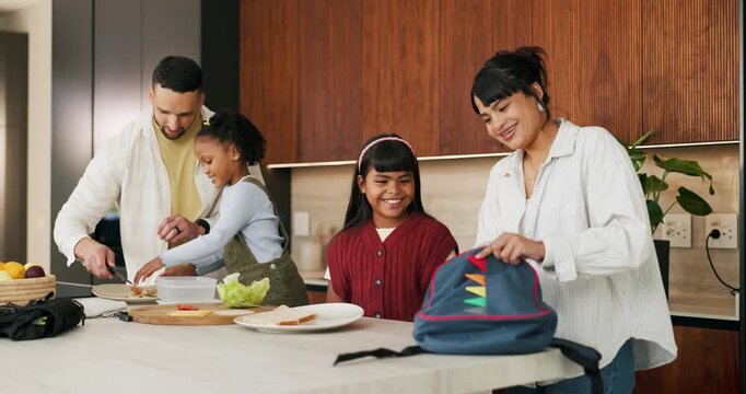 Home, mom and high five with child, morning routine and packing lunchbox with parents or achievement. Family, happy people and helping kids with healthy food, celebration and getting ready for school