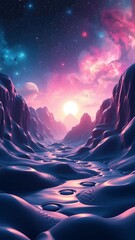 Fototapeta premium Surreal alien landscape with glowing purple mountains and pink nebulae in the sky