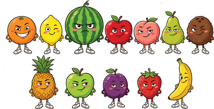Funny Fruit Cartoon Characters Set with Angry and Smirking Expressions Featuring Watermelon Orange Apple Pineapple and Banana