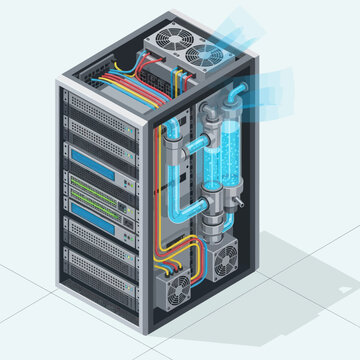 Isometric Server Rack with Liquid Cooling System Illustration.