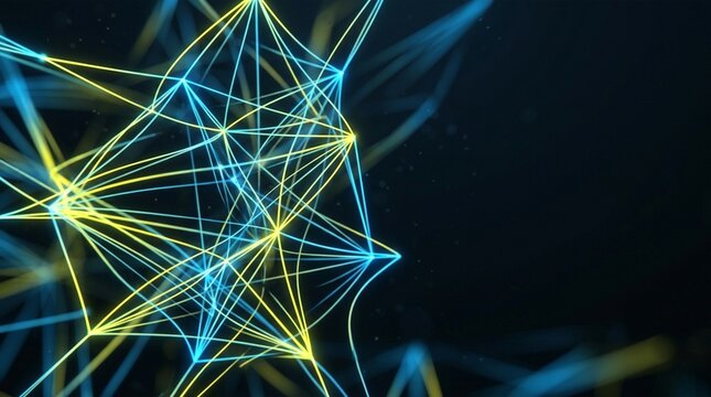 Abstract glowing neural network and interconnected data points in a dark futuristic digital landscape