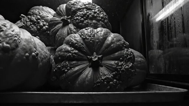 Low angle black and white shot of pumpkins inside of a cold storage compartment