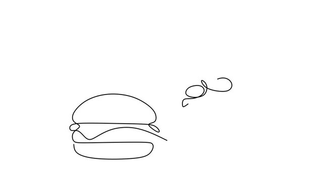 Animated self drawing of continuous line draw of  Hot Dog Burger and Pizza Slice.   Full length one line animation. 4K
