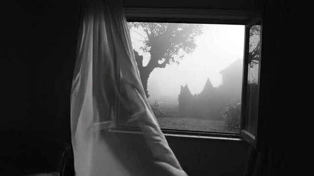 Black and white view from an open window of a backyard on a foggy morning with blowing sheer curtains.