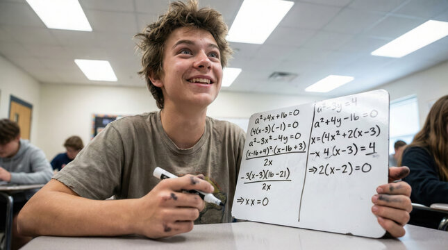 Teenage boy smiling while solving math equations on a whiteboard in a classroom